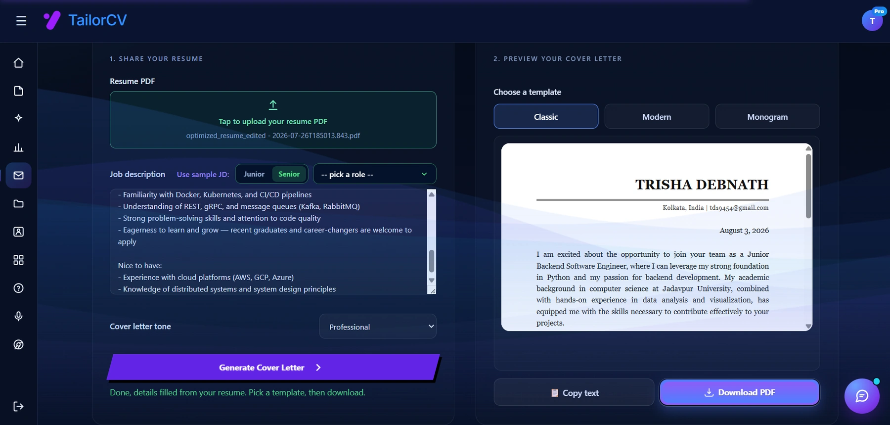 TailorCV cover letter generator: resume and job description on the left, a live cover letter preview with Classic, Modern and Monogram templates on the right