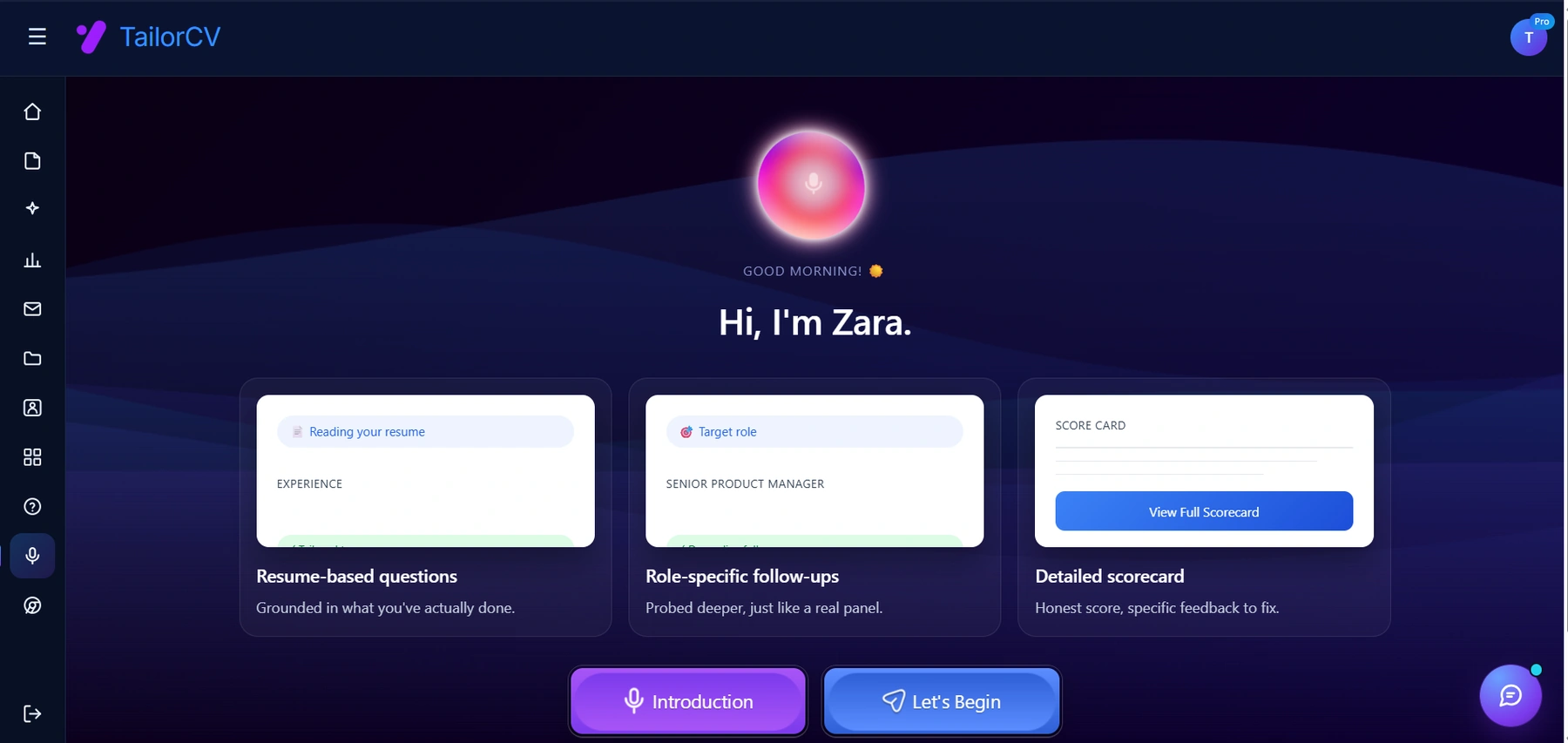 TailorCV AI mock interview: the interviewer reads your resume, asks resume-based questions and role-specific follow-ups, then returns a scorecard