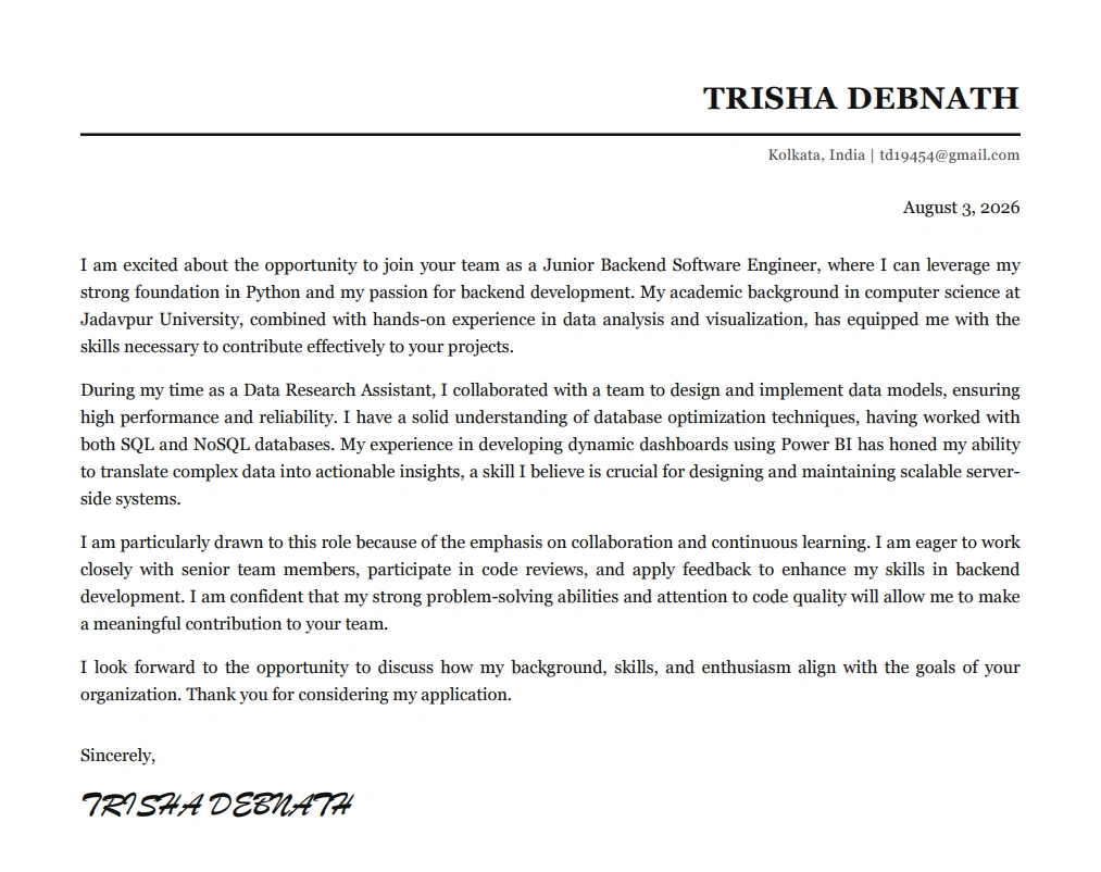 A classic cover letter template: single column, standard headings, real text rather than a graphic