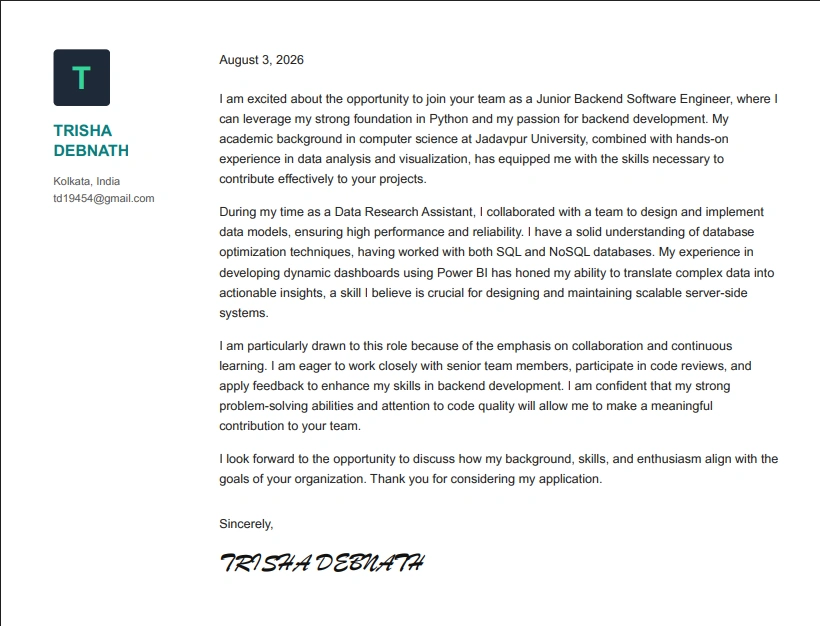 A modern cover letter template with a clean header block and a single-column body
