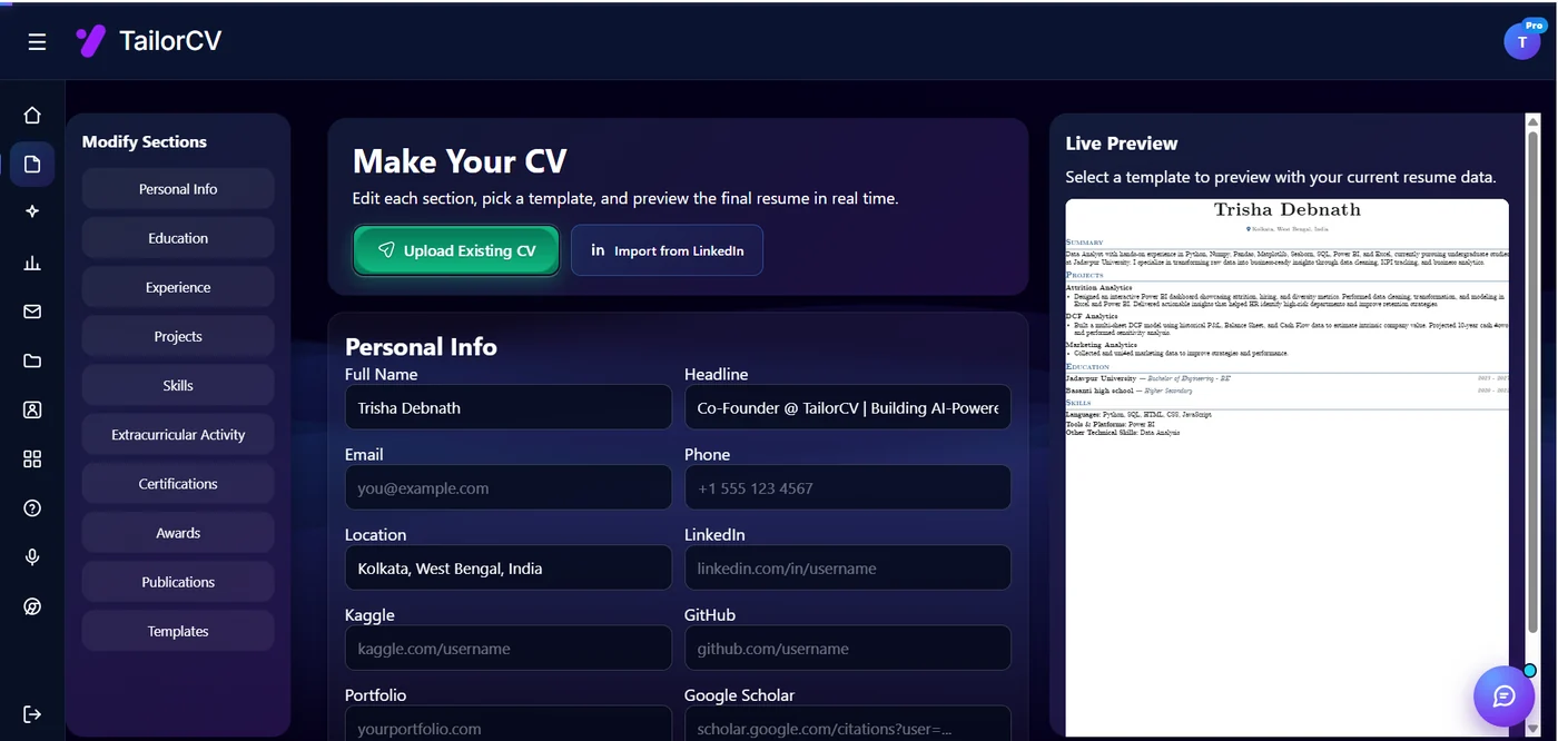 The TailorCV resume builder: section-by-section editing on the left, live template preview on the right