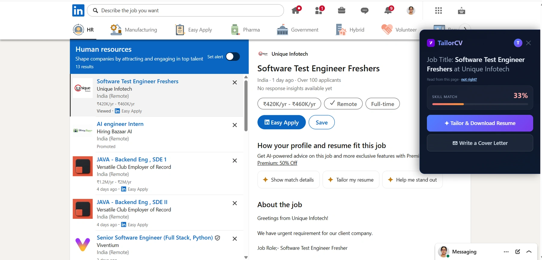 The TailorCV extension open on a LinkedIn job posting, reading the job title and showing a skill match with buttons to tailor the resume or write a cover letter