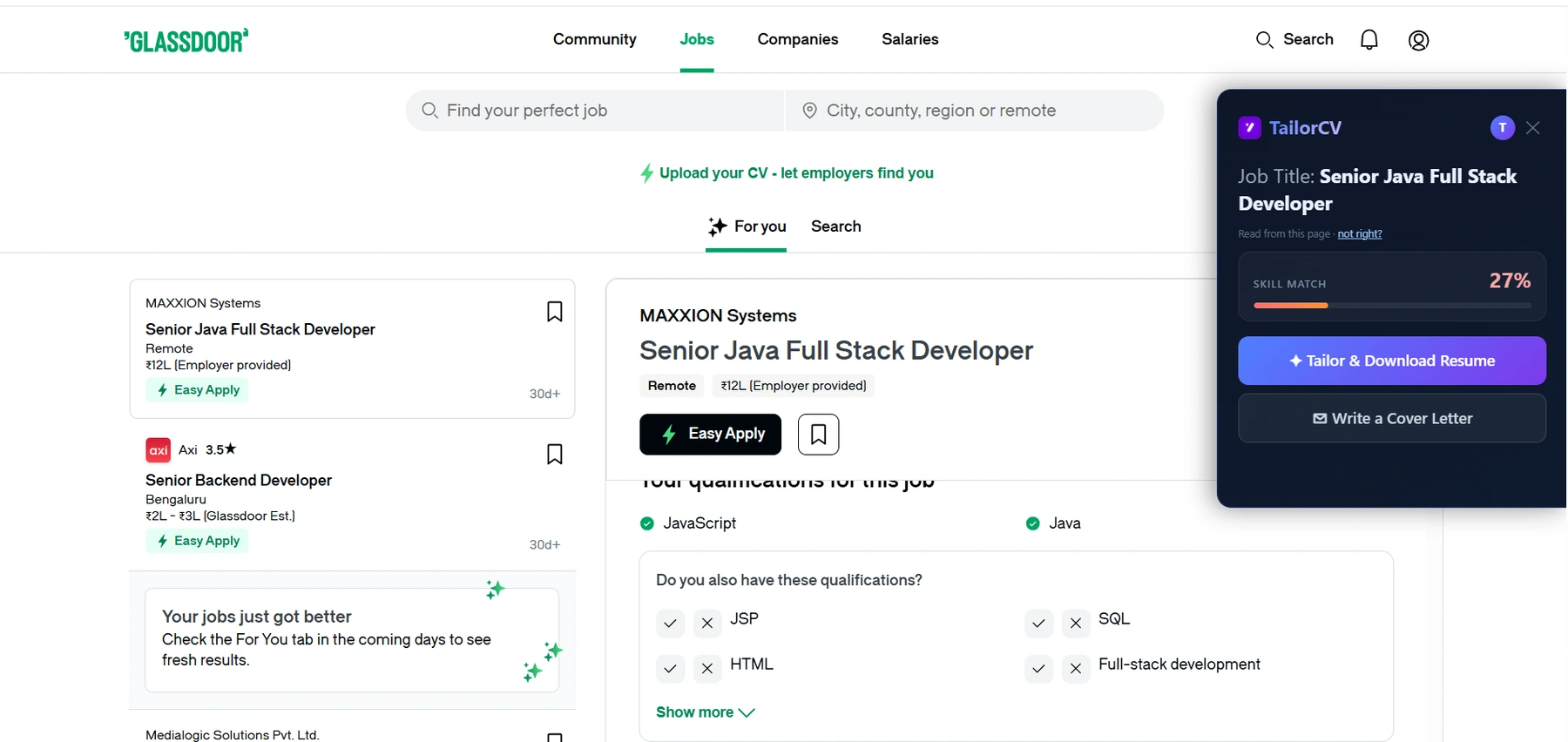 The TailorCV extension open on a Glassdoor job posting, showing a 27% skill match with options to tailor the resume or write a cover letter