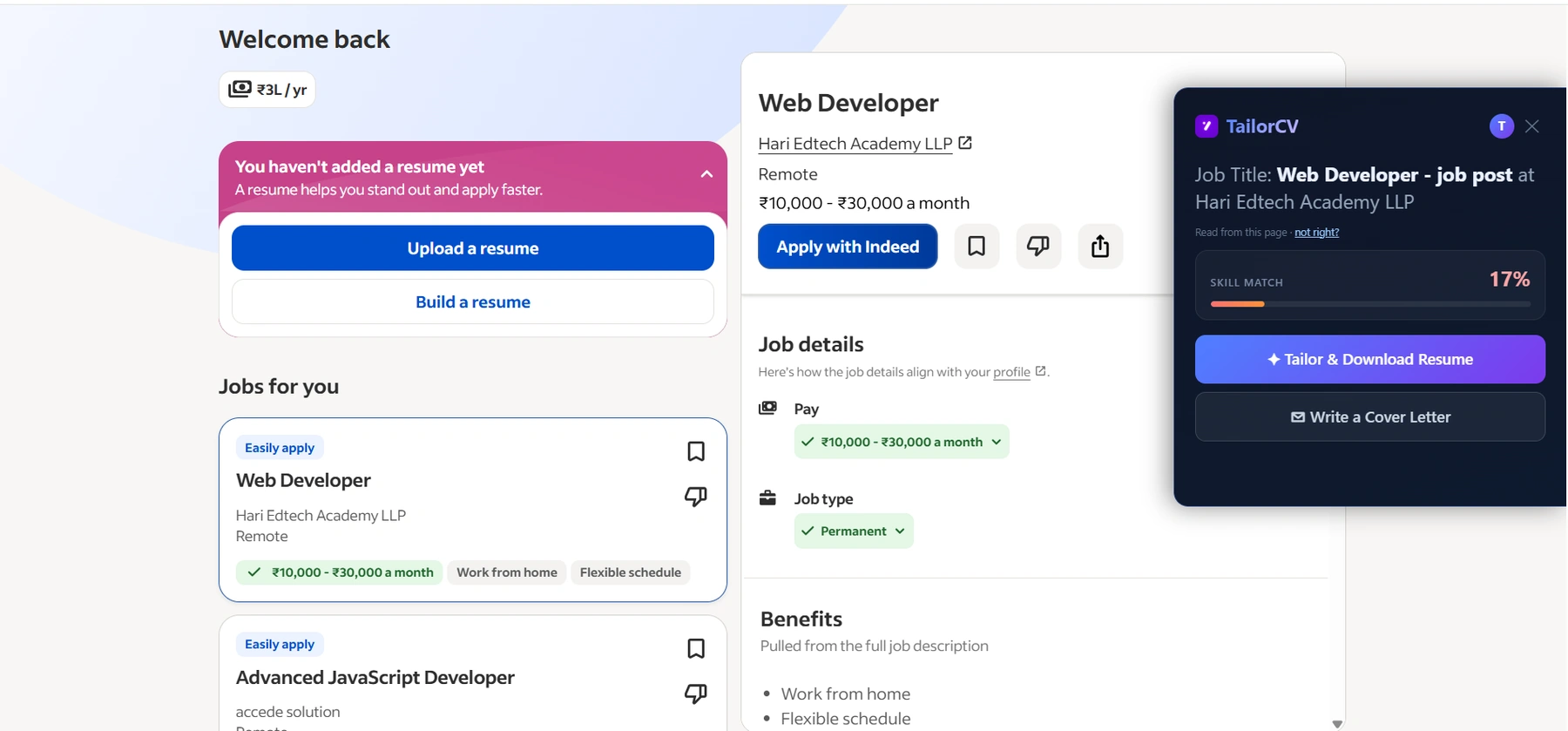 The TailorCV extension running on an Indeed job posting after install
