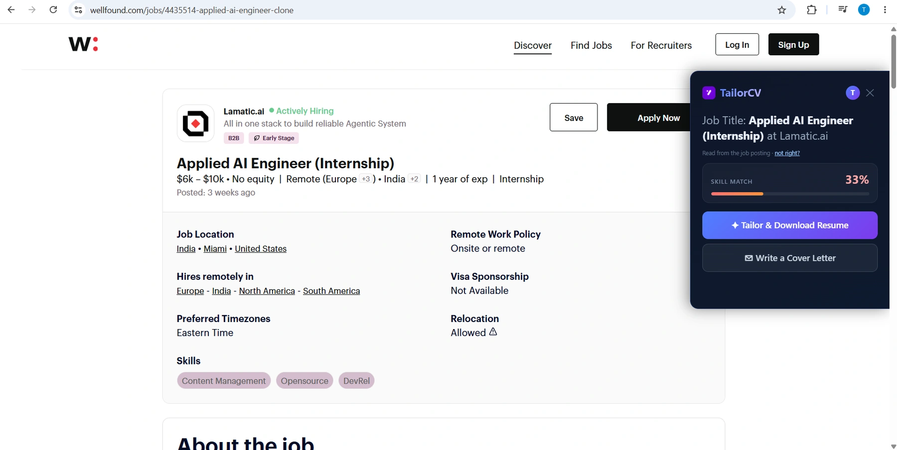 The TailorCV extension open on a Wellfound job posting, showing the match and offering to tailor the resume without leaving the page