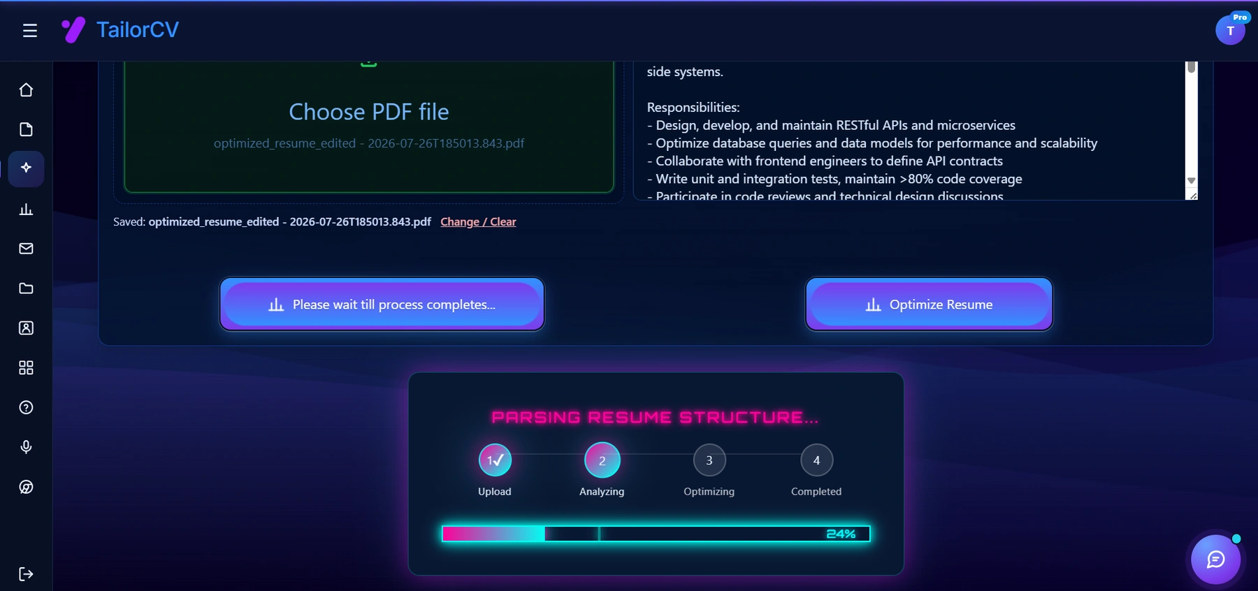 TailorCV optimizing a resume against a job description, with a four-stage progress tracker: upload, analyzing, optimizing, completed