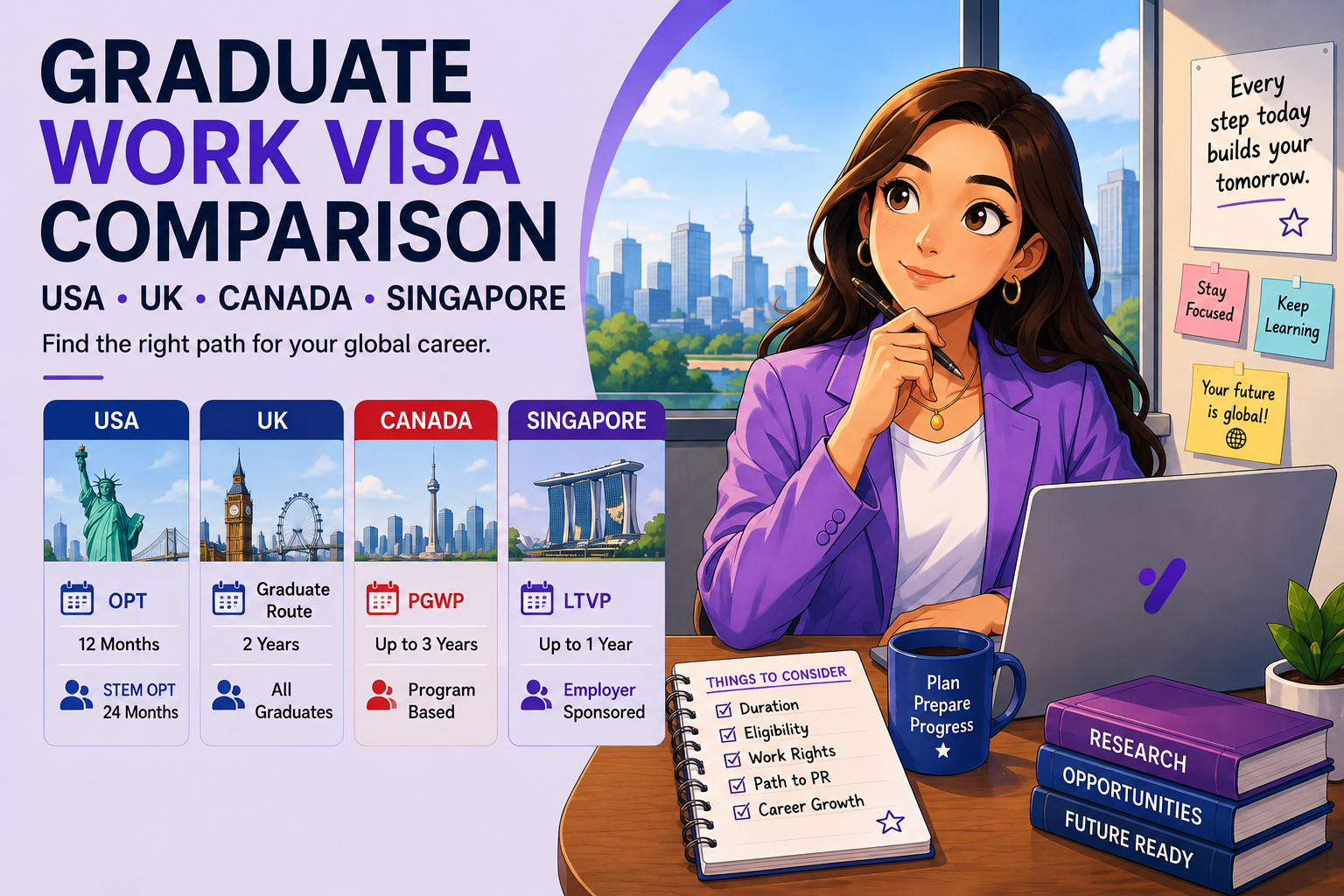 Graduate Work Visas Compared - USA, UK, Canada and Singapore