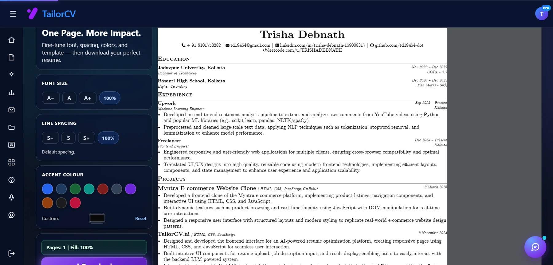 The optimized resume in TailorCV, with font size, line spacing, accent colour and template controls beside the finished one-page preview