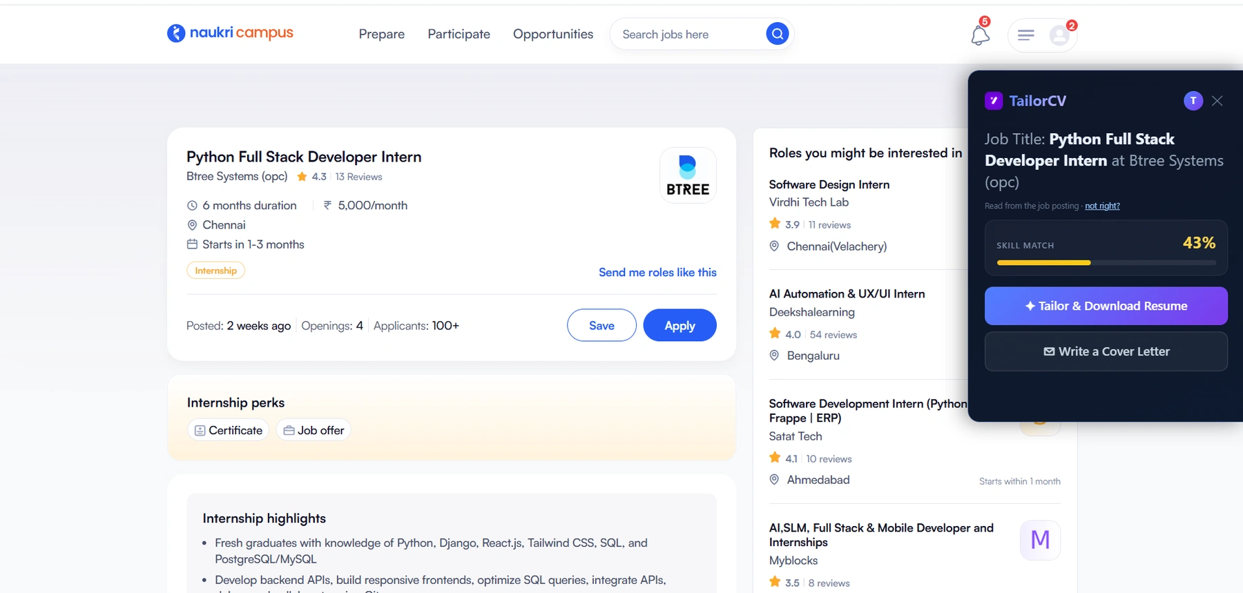 The TailorCV extension open on a Naukri job posting, reading the role and offering to tailor the resume without leaving the page