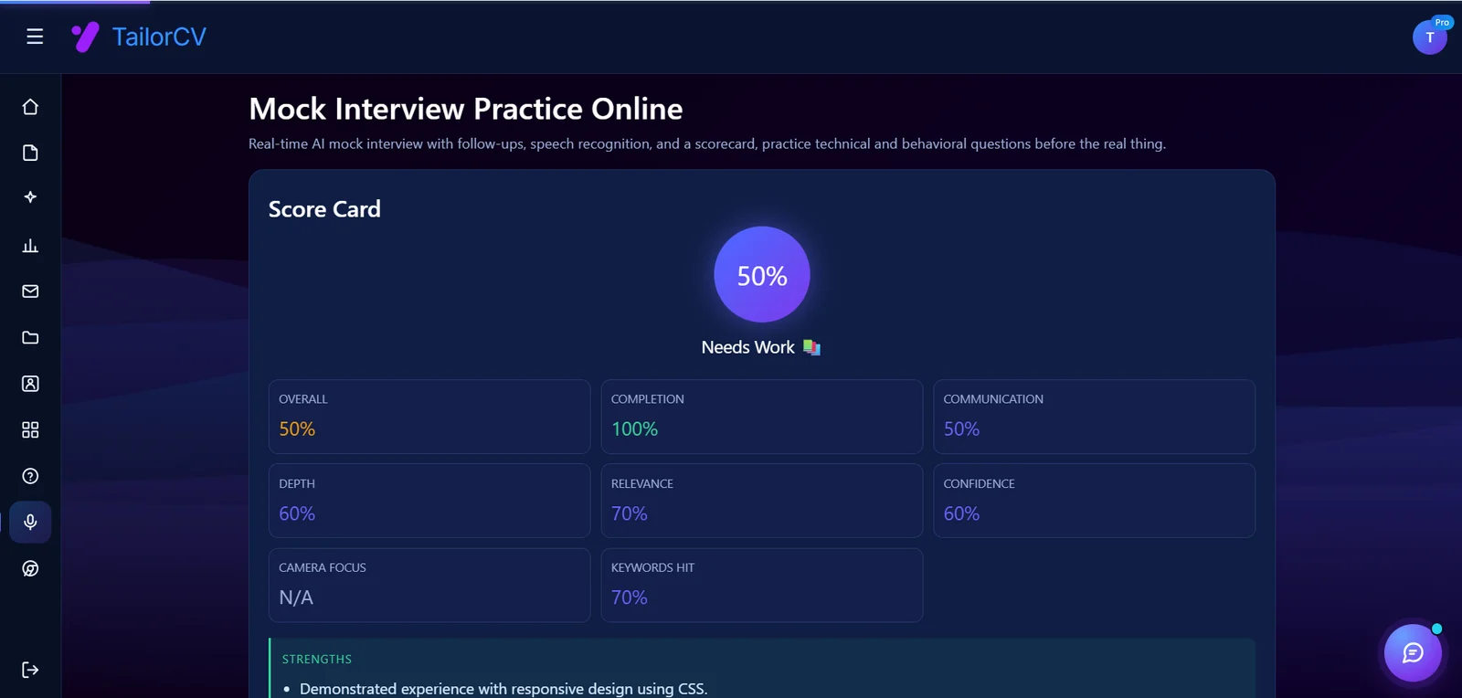 TailorCV mock interview scorecard showing overall, completion, communication, depth, relevance and confidence scores