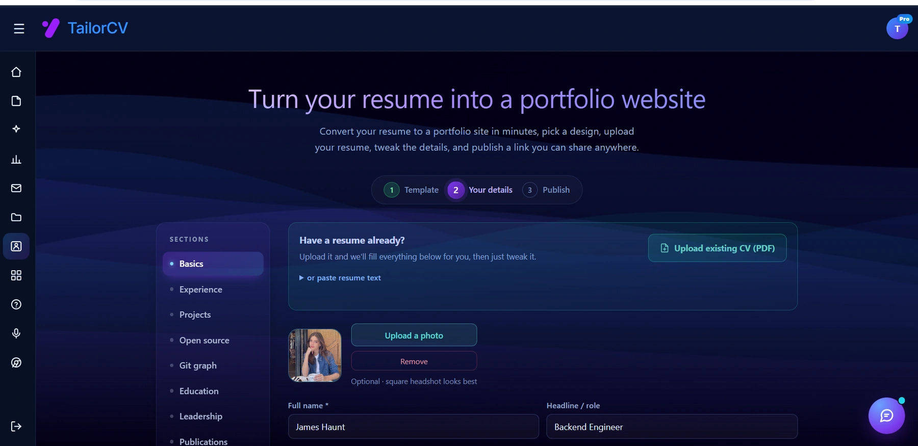 The TailorCV portfolio builder: pick a template, upload an existing CV to auto-fill the sections, then publish a shareable link