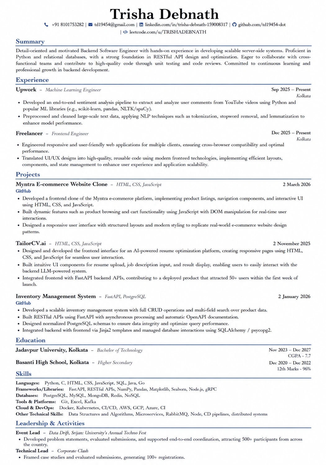 LaTeX Academic resume template preview