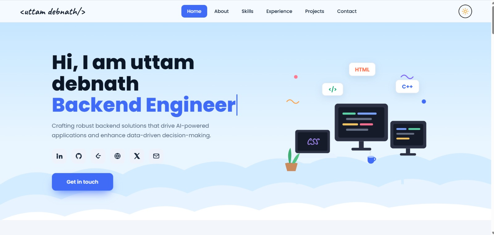 Cloud — friendly dev landing, light/dark ☁️ preview